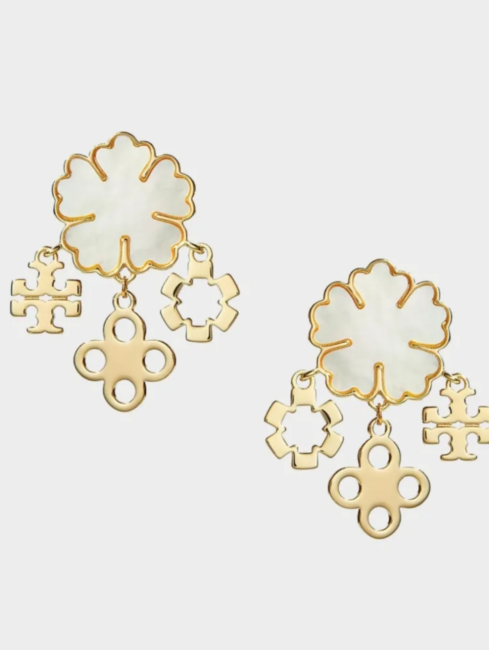 Tory Burch Clover Cluster Earrings Gold Tone Mother of Pearl Drop Statement